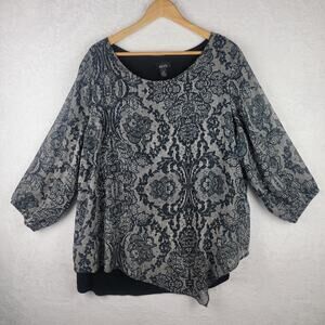 2X Whimsigoth Floral Asymmetric Hem Knit Top Pullover 3/4 Sleeve Casual Grunge